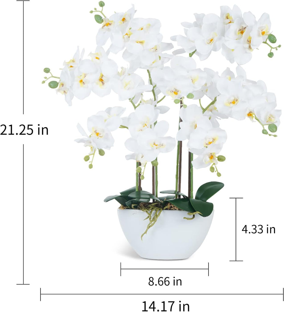 Artificial Orchid Flowers & Plants Potted in Ceramic Pot, White Faux Phalaenopsis Orchids for Table Centerpiece