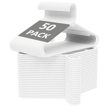 White Plastic Hangers 50 Pack with Non-Slip Built-in Strap Hooks