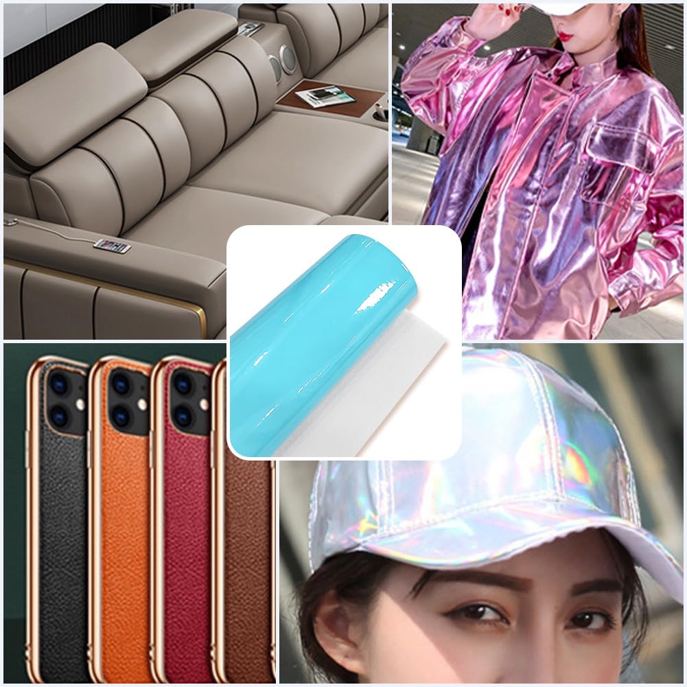 53 x 11.8 Inch Glossy Mirrored PU Leather Roll Cyan Shiny Vinyl Fabric 1mm NEON Faux Leather Sheets Smooth Solid