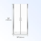 Pivot Shower Door 34" W x 75" H, 1/4" Tempered Glass Double Swing Shower Door, Frameless Pivot Swing Glass Door