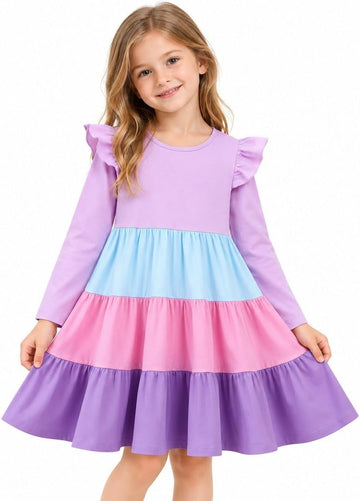 Girls Long Sleeve Dress Cotton Rainbow Color Block Tiered Twirly