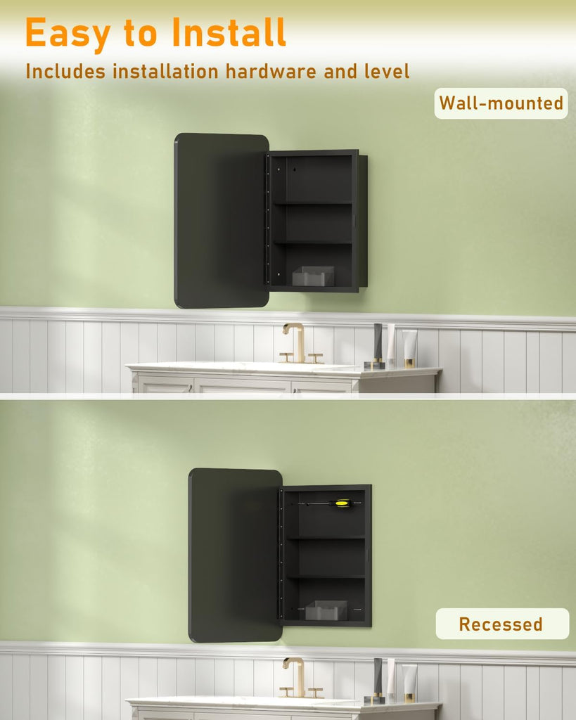 16"x24" Black Medicine Cabinet Mirror , Reversible Installation | Surface & Recessed Mount Medicine Cabinet Mirror