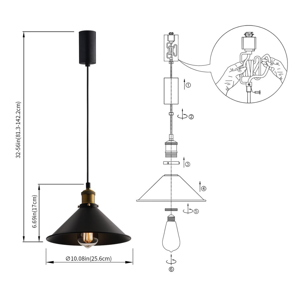 H-Type Matte Black E26 Socket Track Lighting Pendant, Pack of 3