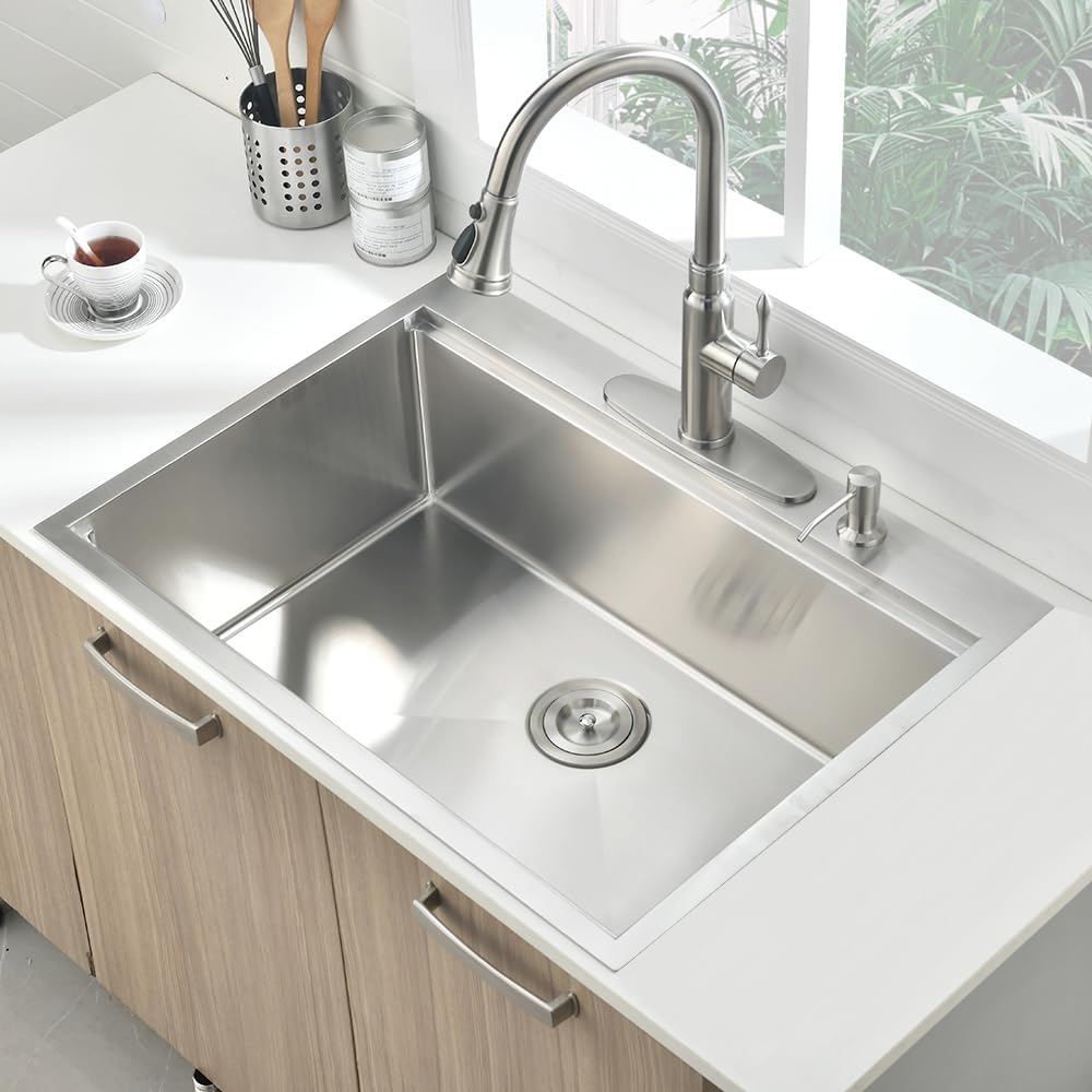 33x19 Drop Sink Workstation | Top Mount Stainless Steel 16 Gauge Handmade 10 inch Deep Single Bowl Kitchen Sink