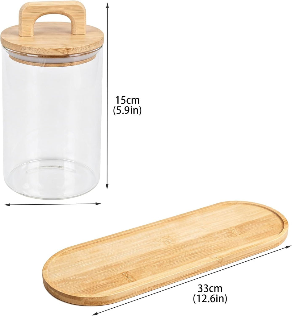 Glass Coffee Sugar Tea Canister Set with Airtight Wood Lids and Tray, 3 Pack Clear Food Storage Jars, 34 oz / 1000 ml - Set of 3