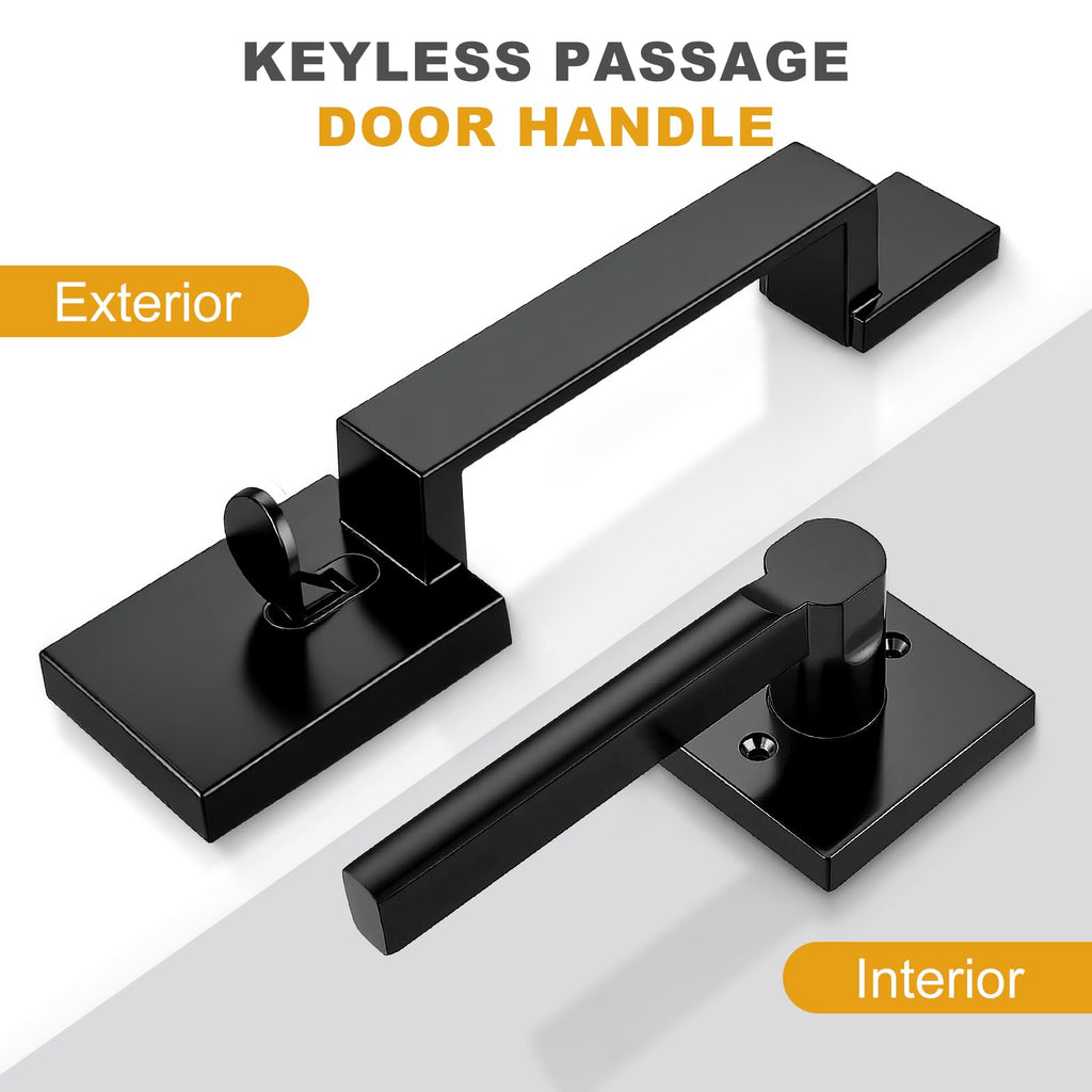 Black Front Door Handle Set, Exterior Door Handle, Modern Heavy Duty Square, Passage Door Handleset Reversible for