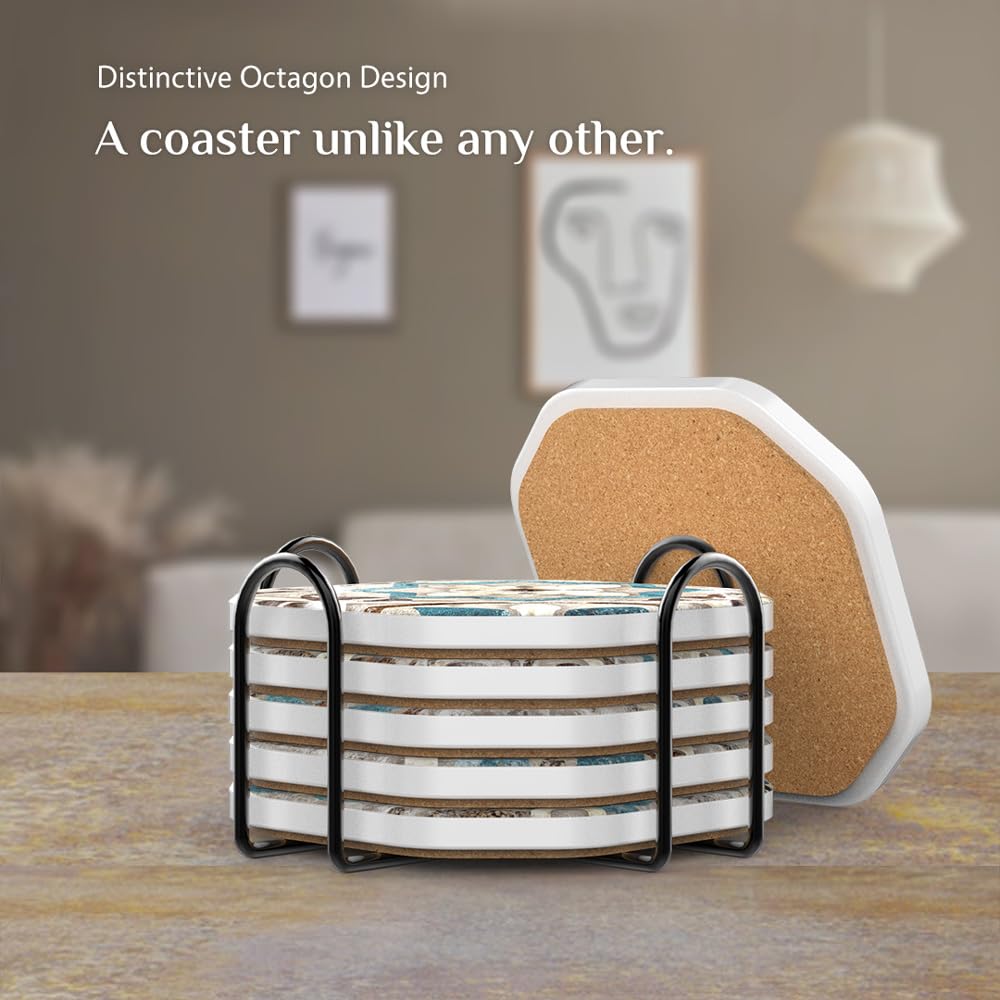 Absorbent Ceramic Stone Coasters Set of 6 with Holder, Vintage Tile