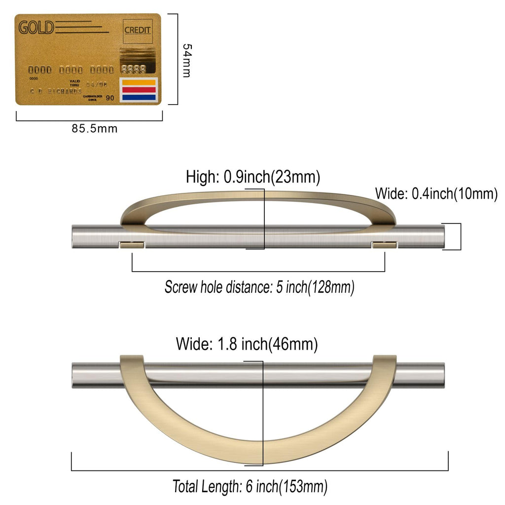 6 Pack Brushed Satin Nickel and Gold Cabinet Pulls 5 Inch(128MM) Hole Centers Kitchen Cabinet Handles Cabinet