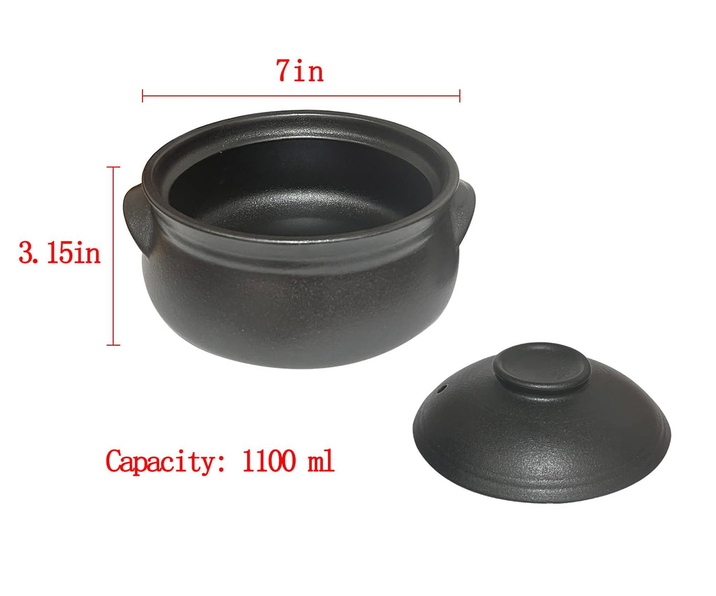 Korean Premium Stoneware Black Casserole Clay Pot with Lid, For Cooking Hot Pot Dolsot Bibimbap and Soup .(1100ml)