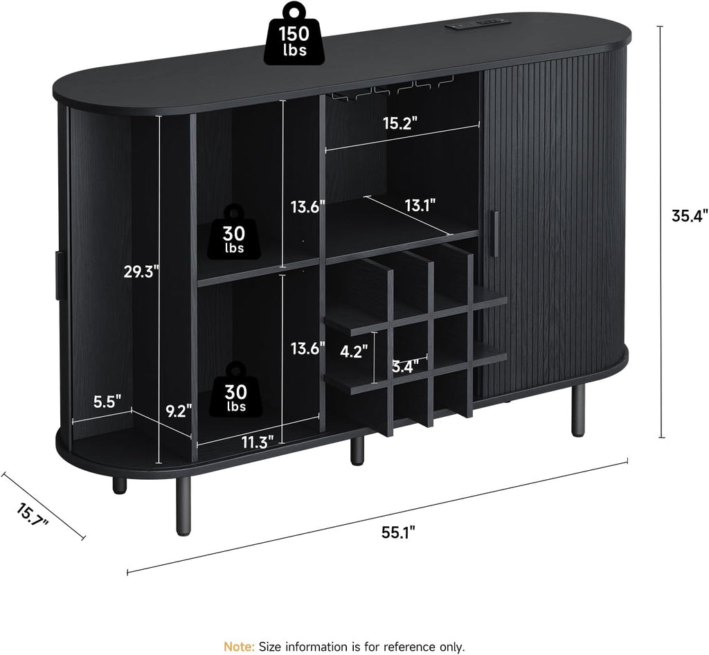 55" Fluted Wine Bar Cabinet with LED Light Black | Liquor Coffee Bar Cabinet, with Wine Rack and Glass Holder