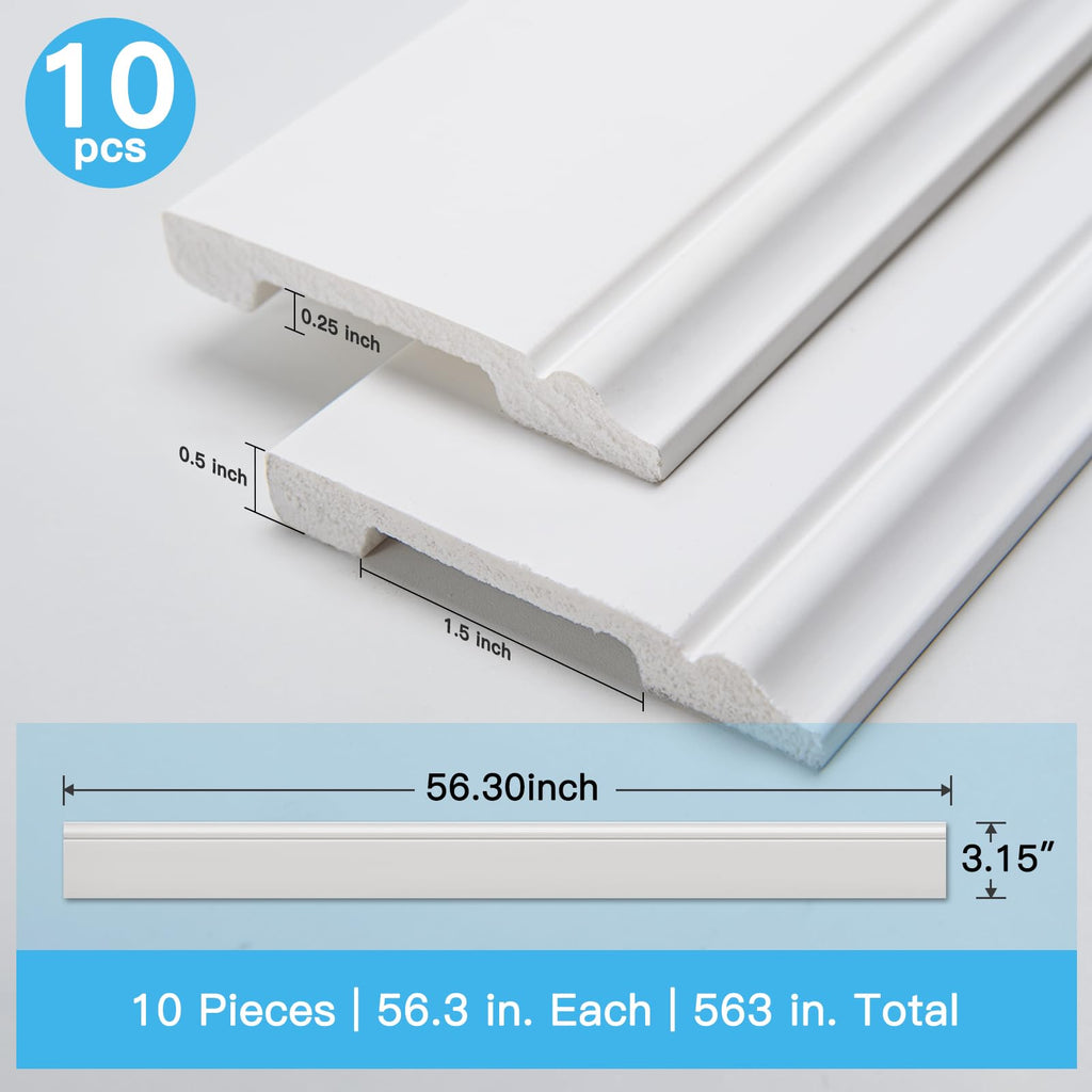 High-Impact Baseboard Molding Trim, 56.3 x 3.2 Inch, 10-Pack, White