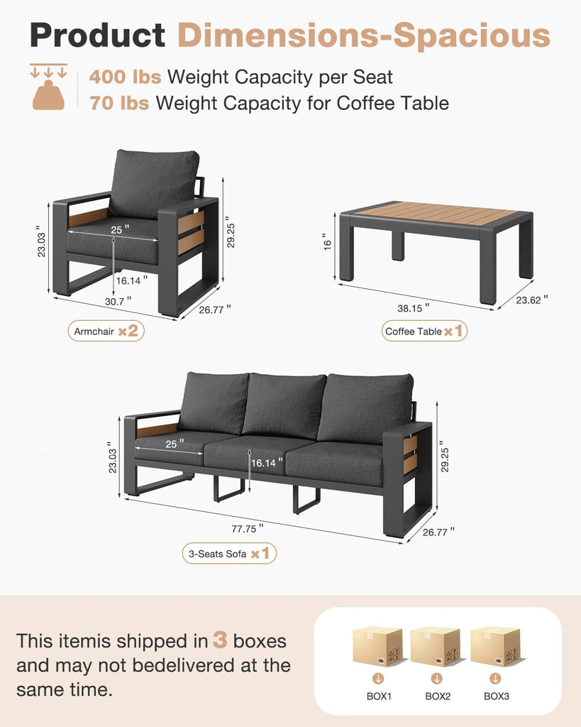 Aluminum Patio Furniture Set, 5 Seats Luxury Outdoor Sectional with 6" Olefin Fabric Cushions, Conversation Set with