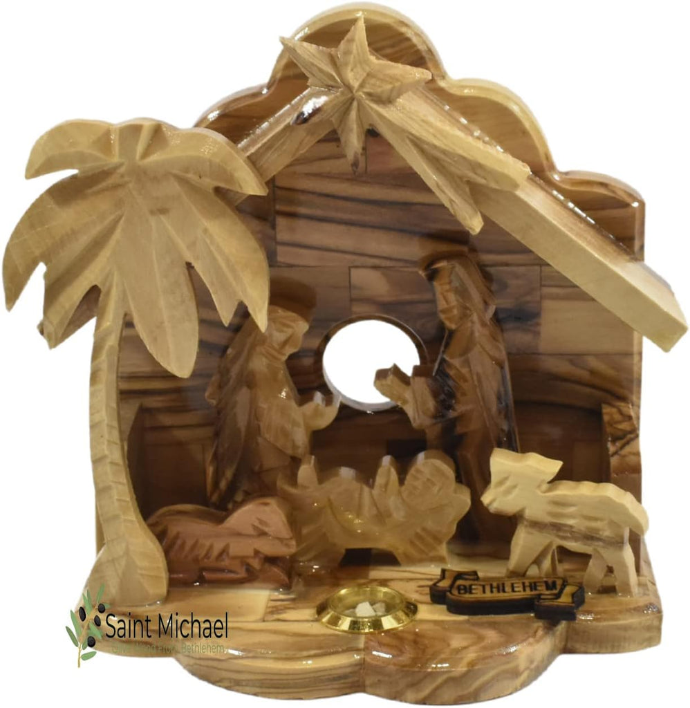 Olive Wood Nativity Set for Christmas Indoor Décor, Handcrafted Bethlehem Manger Scene with Holy Family, Wooden