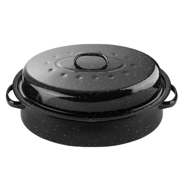 Roasting Pan Oval 16 Inch Enamel Steel with Lid, Black Covered Roaster Pan
