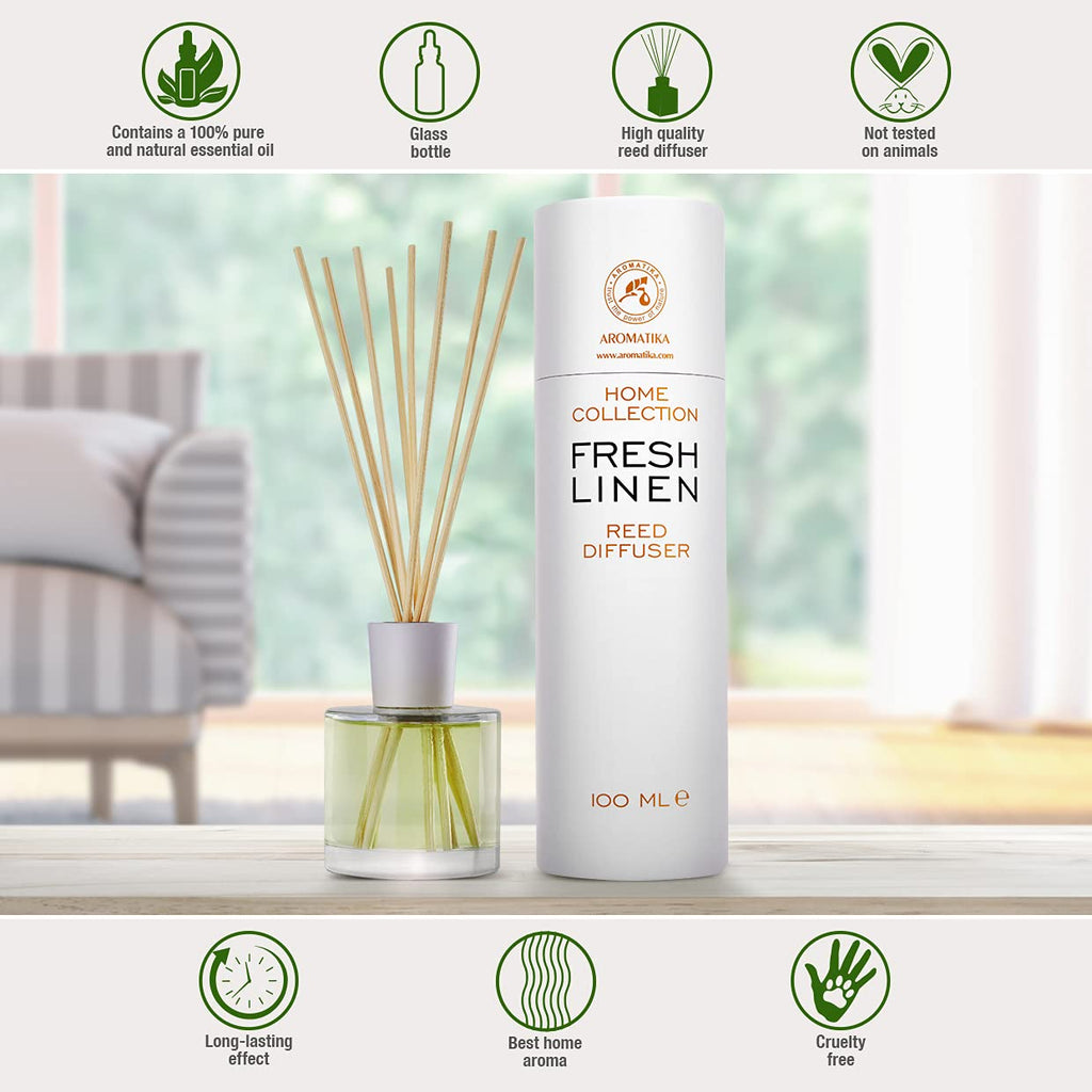 Reed Diffuser Fresh linen 3.4 Fl Oz (100ml) - Fragrance Oil Reed Diffuser with Rattan Sticks - Room Freshener