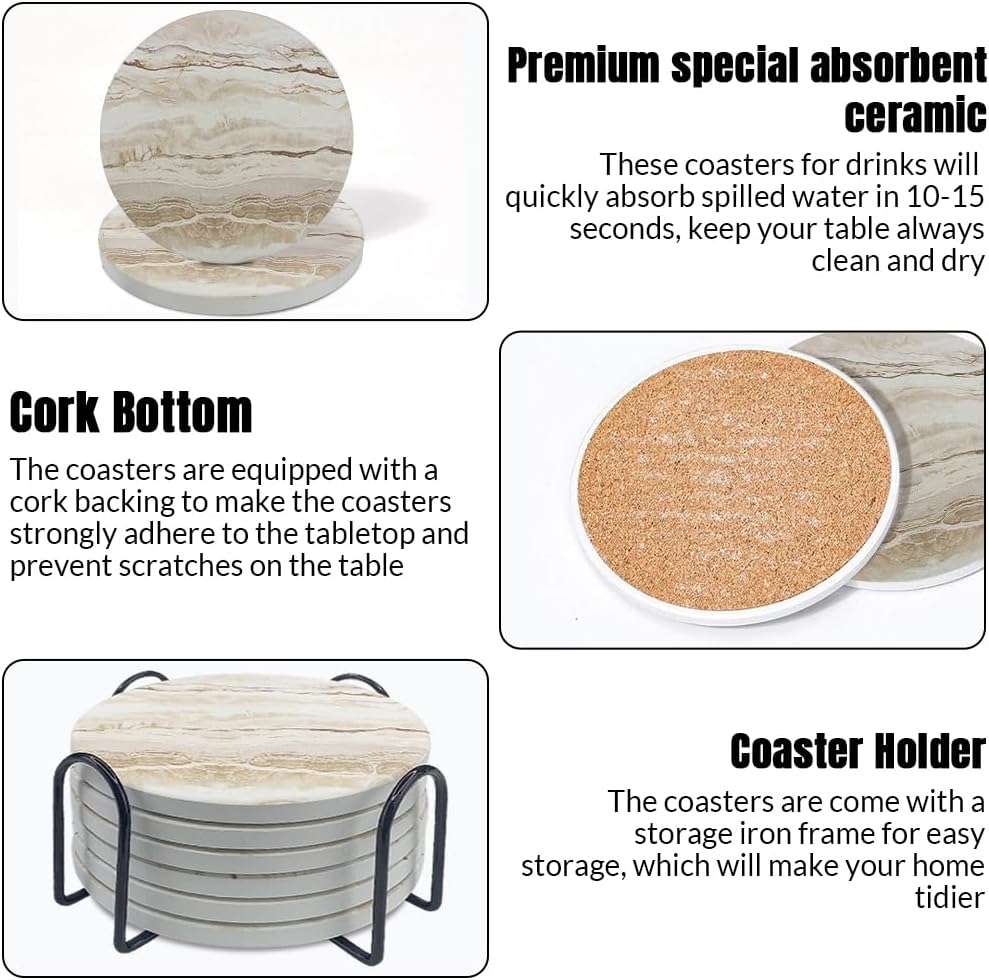 Ceramic Coasters, Marble-Textured Design with Holder - Absorbent Cork-Backed Coasters for Cups, Bar & Coffee - Set of 8