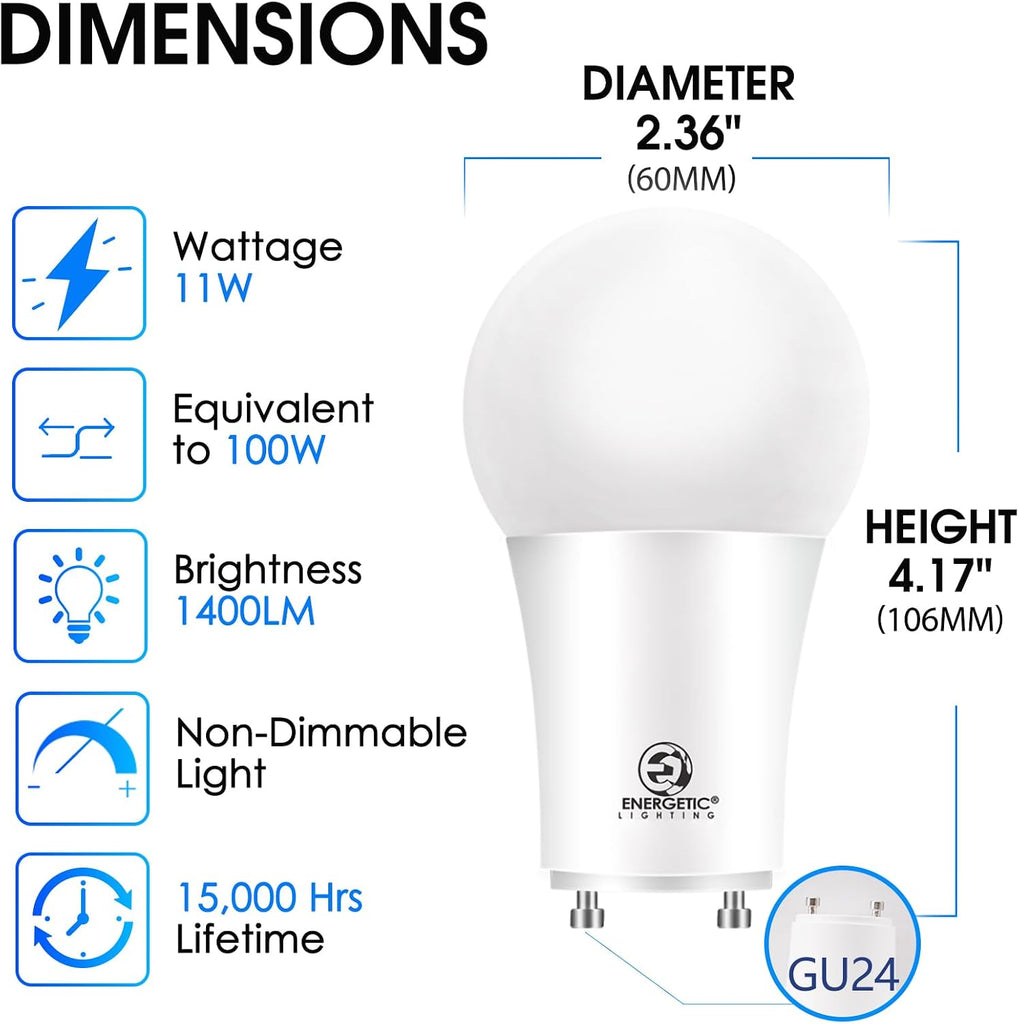 Energetic LED GU24 Light Bulb, A19 Shape 100 Watt Equivalent (11W), 5000K Daylight, 1400 Lumens High Output
