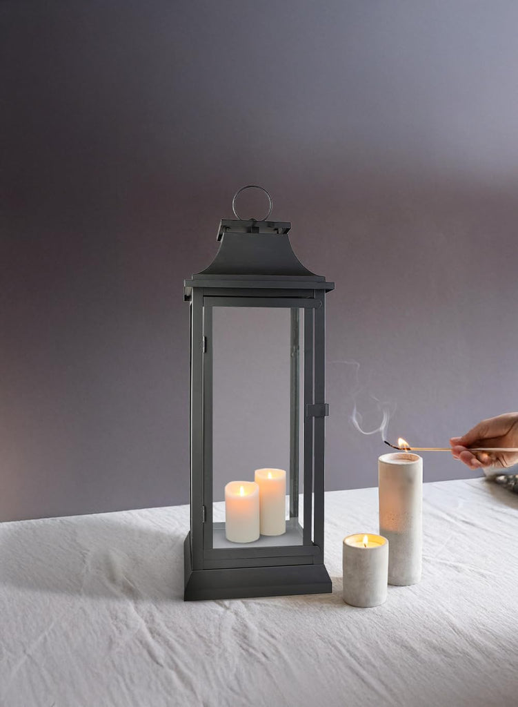 25" Tall Black Decorative Hurricane Lantern with Clear Glass Panels - Indoor Lantern and Outdoor Lantern for Porch