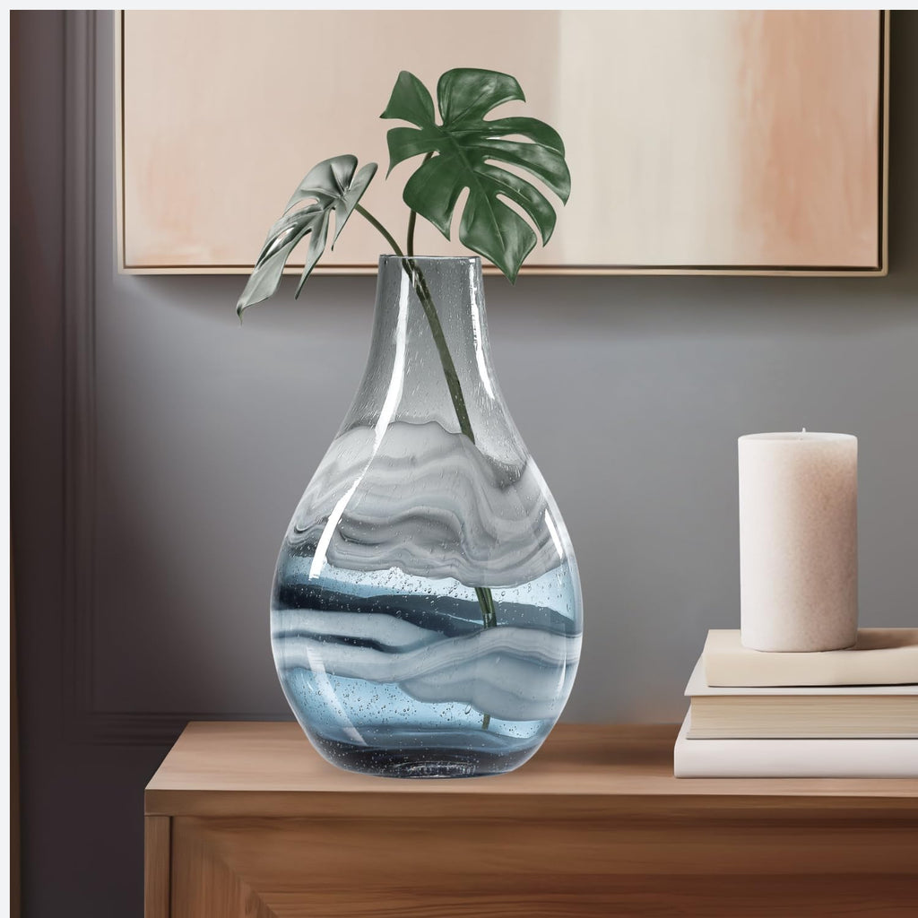 Andrea 11" Hand Blown Blue Glass Vase, Unique Coastal Swirls | Layered Blue & Gray Swirls, Narrow Opening, Watertight