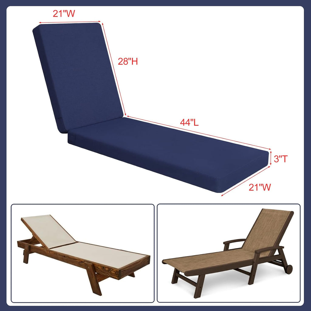 Outdoor Lounge Chair Cushion 72x21x3 in | Waterproof & Fade Resistant, Removable Cover, 6 Straps & Hidden Zipper