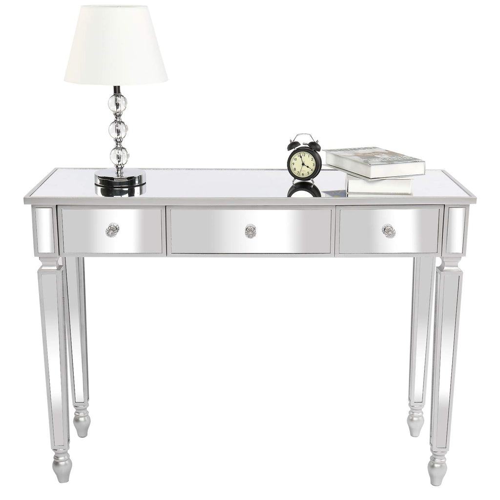 Mirrored Console Table Makeup Vanity Table Dressing Desk with 3 Drawer, 41" Silver Sofa Table Modern Glass Accent