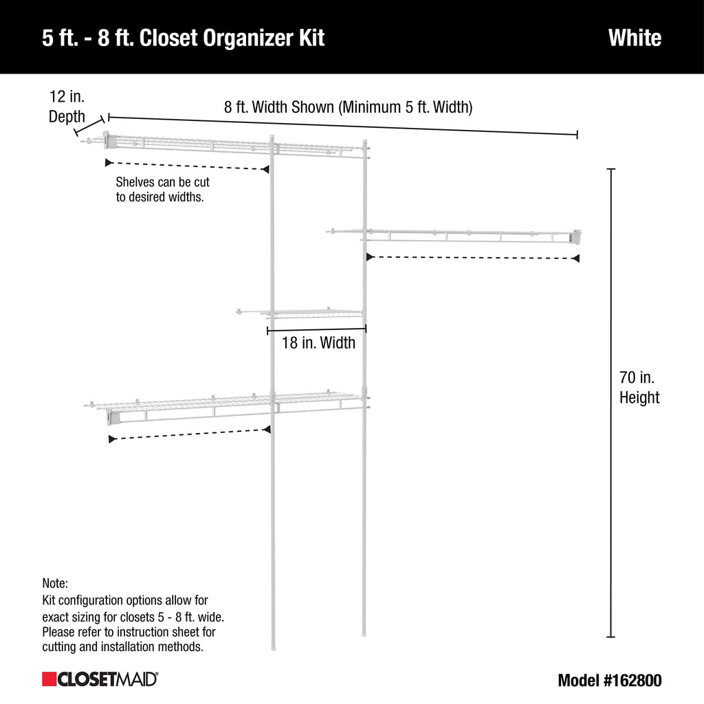 Wire Closet Organizer System, Adjustable from 5 to 8 Ft., with Shelves, Hardware, Durable Steel, Fixed Mount