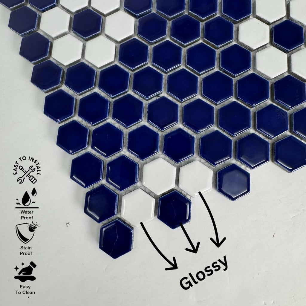Hexagon Glossy Cobalt Blue with White Flower Pattern Porcelain Mosaic Tile - Wall & Floor Tile for Backsplash