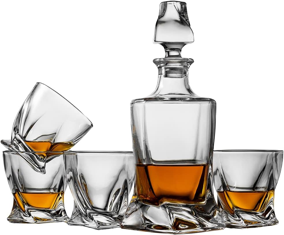 Whiskey Gifts for Men, Whiskey Decanter Set with 4 Glasses in Gift Box by | Elegant Twisted Design with Glass Stopper - Set of 5