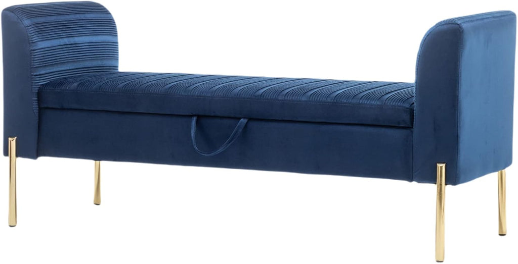 Modern Blue Velvet Storage Bench End of Bed Bench Ottoman, Upholstered Armed Entryway Bench Long Settee