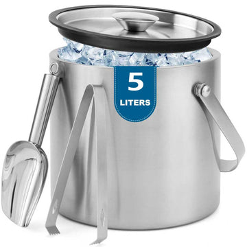 5L Stainless Steel Insulated Ice Bucket with Lid, Scoop &Tongs for Parties
