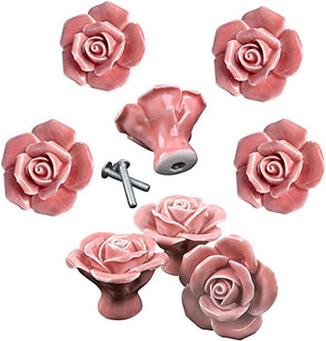 Knobs, 8Pcs Elegant Pink Rose Pulls Flower Ceramic Cabinet Knobs Cupboard Drawer Pull Handles + Scre.
