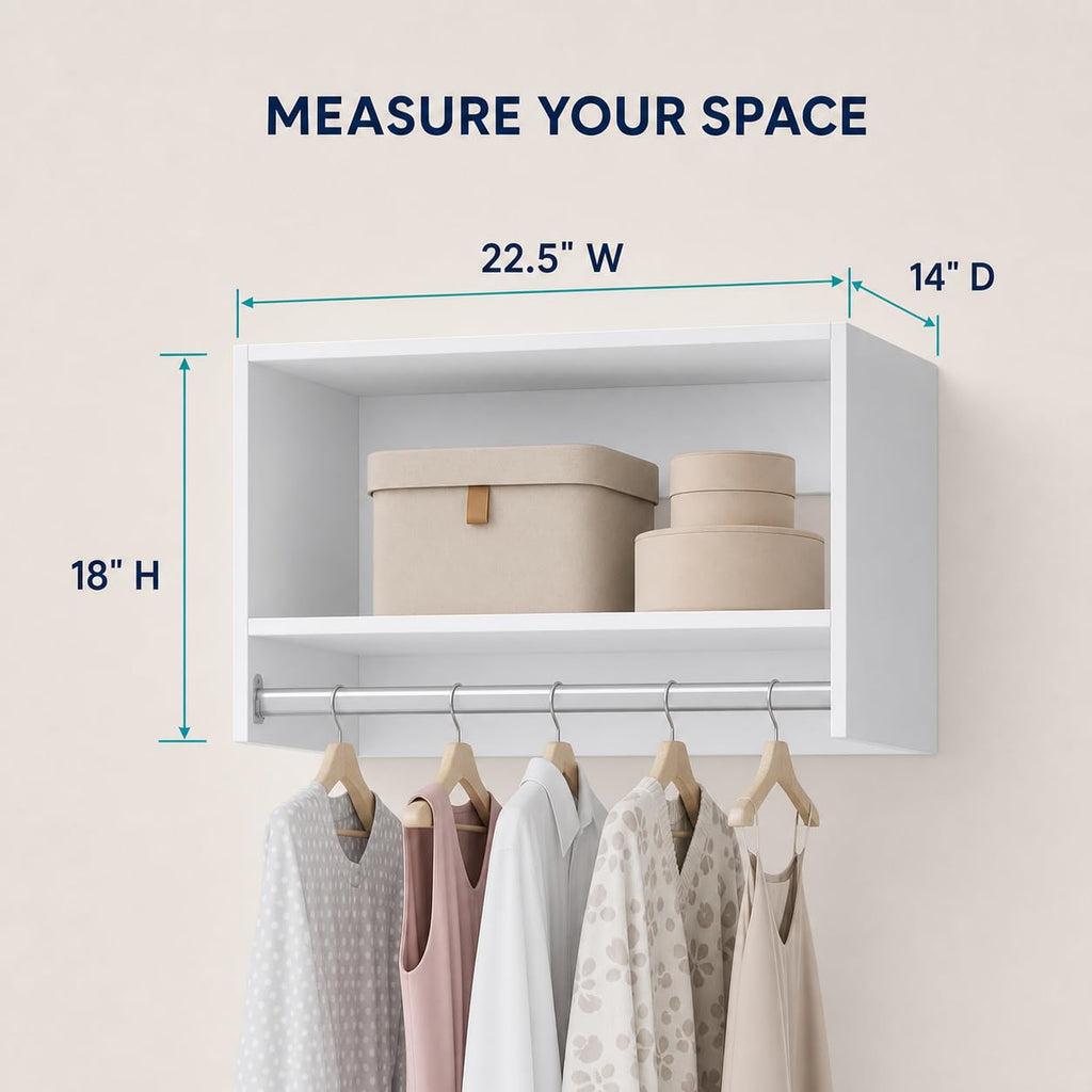 Wall-Mounted Wood Closet Organizer with Hanging Rod, 22.5", White