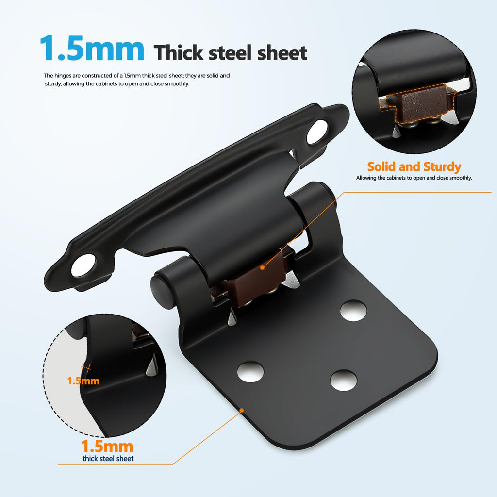 Matte Black Cabinet Hinges Self Closing, 1/2 Inch, 60 Pack (30 Pairs)