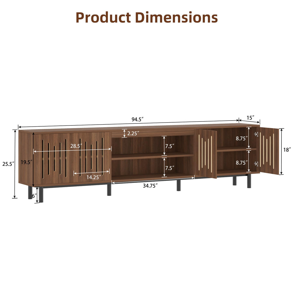 94.5" Large TV Stand with Storage, Long Entertainment Center, Walnut