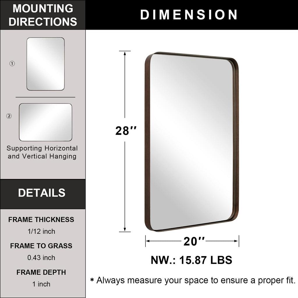 Wall Mirror, 20"x28"Brushed Bronze Bathroom Mirror, Rounded Rectangle Mirror in Premium Stainless Steel Metal Frame