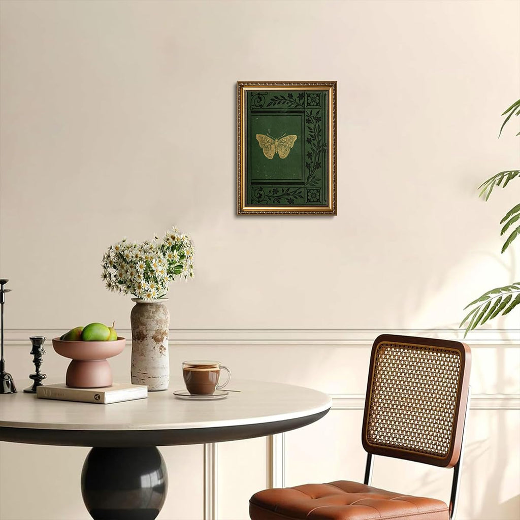 Vintage Gold Framed Wall Art Classical Butterfly Wall Art Emerald Green Old Bookcover Pictures Wall Decor Dark Moody