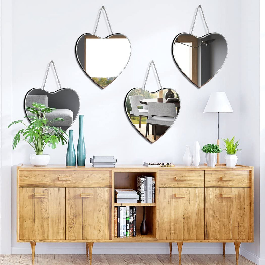 Heart Shaped Mirror with Iron Chain for Wall Decor 12x12 inch 2 Pack Wall Hang Real Glass Frameless Decorative Accent