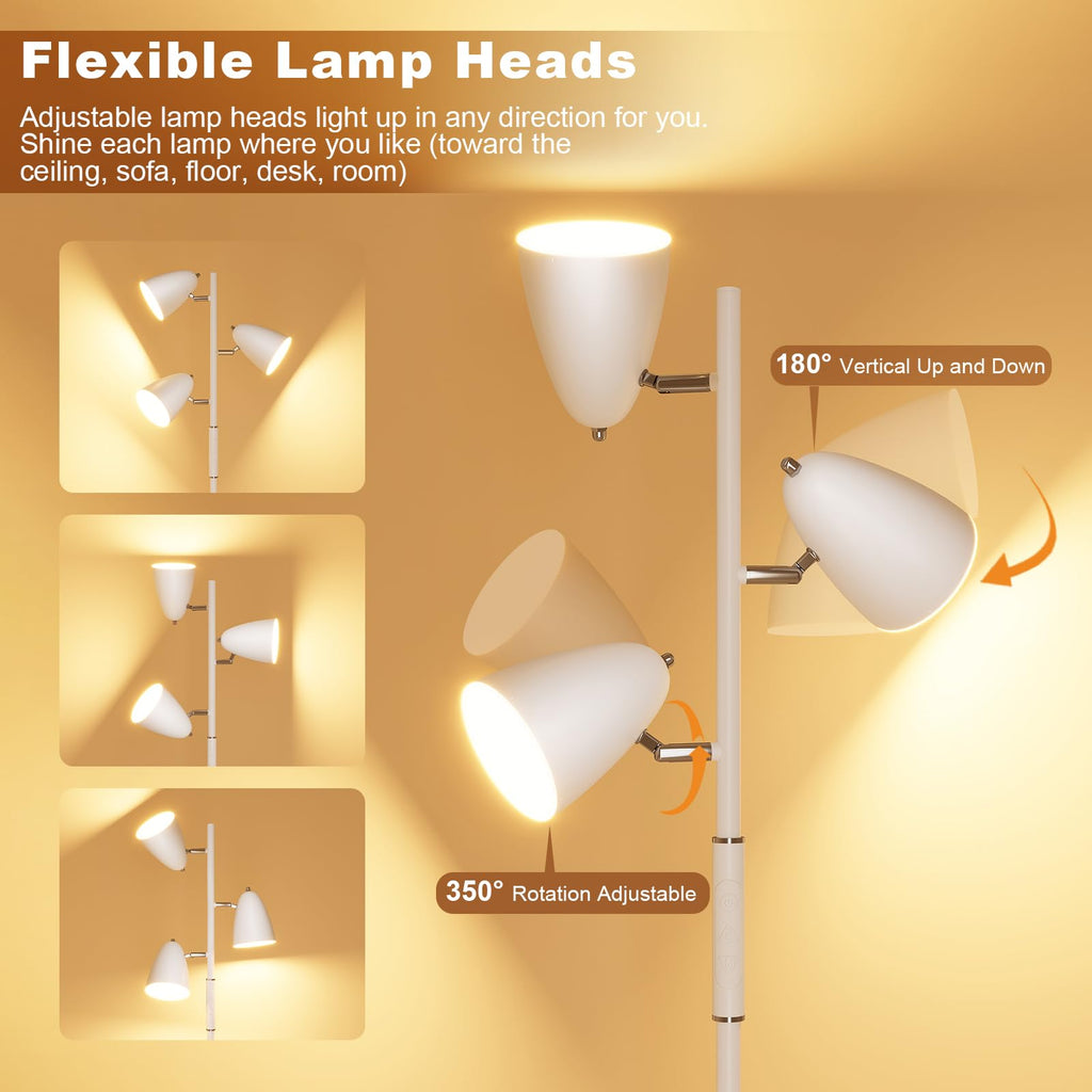 36W LED Floor Lamp, Modern White 3-Light Tree Standing Lamp