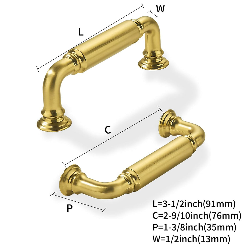 2-Pack Vibrant Brushed Brass Cabinet Pulls Modern Heavy-Duty Solid 3 Inch(76mm) Hole Center Drawer Pulls Cabinet