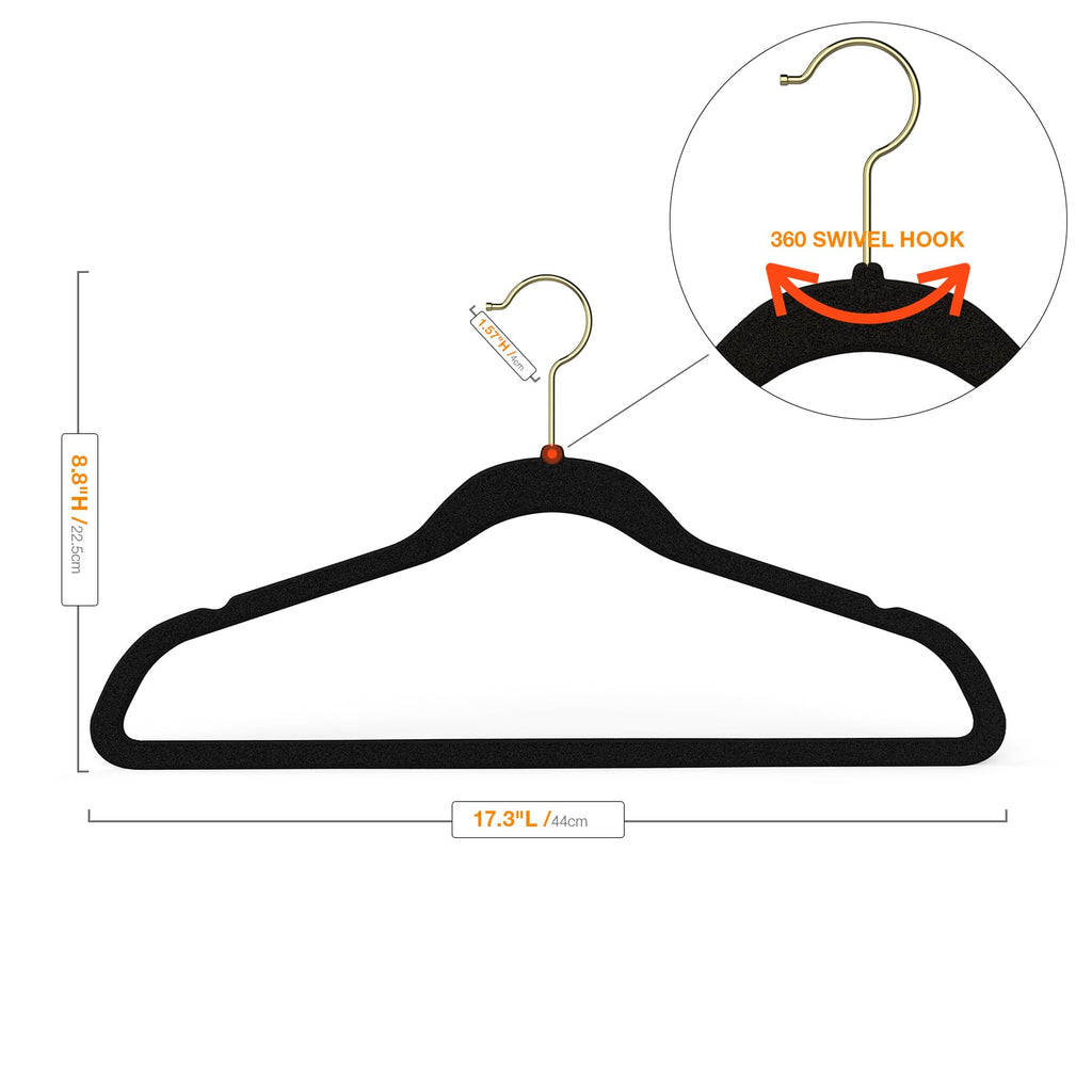 Velvet Hangers 100 Pack, Felt Hangers with Gold 360 Swivel Hook, Coat Hanger Non Slip, Heavy-Duty, Space Saving, Slim