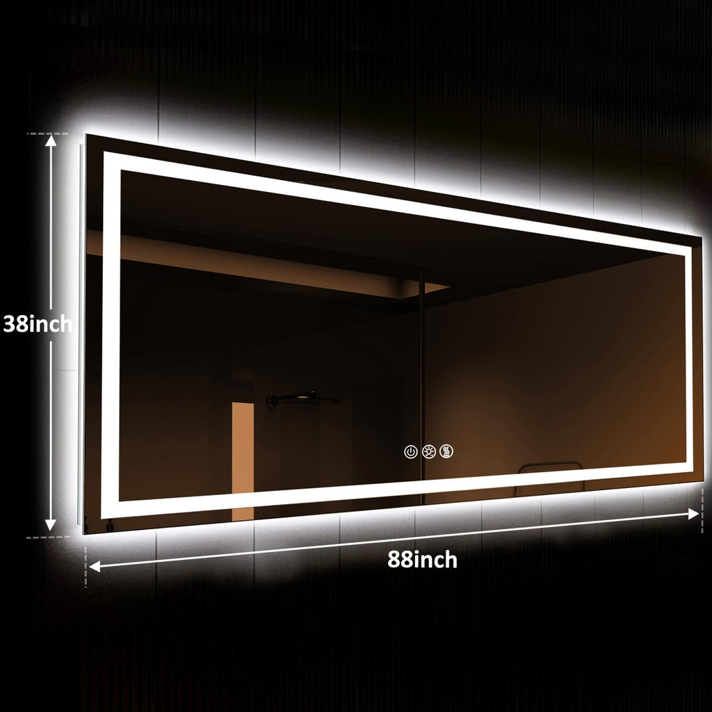 88x38 Inches LED Bathroom Mirror with Lights, Vanity Mirror with Front and Backlight, Smart Dimmable Anti-Fog LED