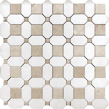12.2 x 12.2 in. Multi-Shaped Polished White Thassos and Crema Marfil Marble Tile 5-Pack APLVL88S11A for Garage