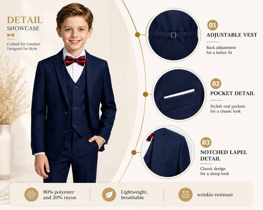 Boy's Formal Suit Set, Slim Fit Suits for Kids, 5 Pieces Boys Tuxedo Set