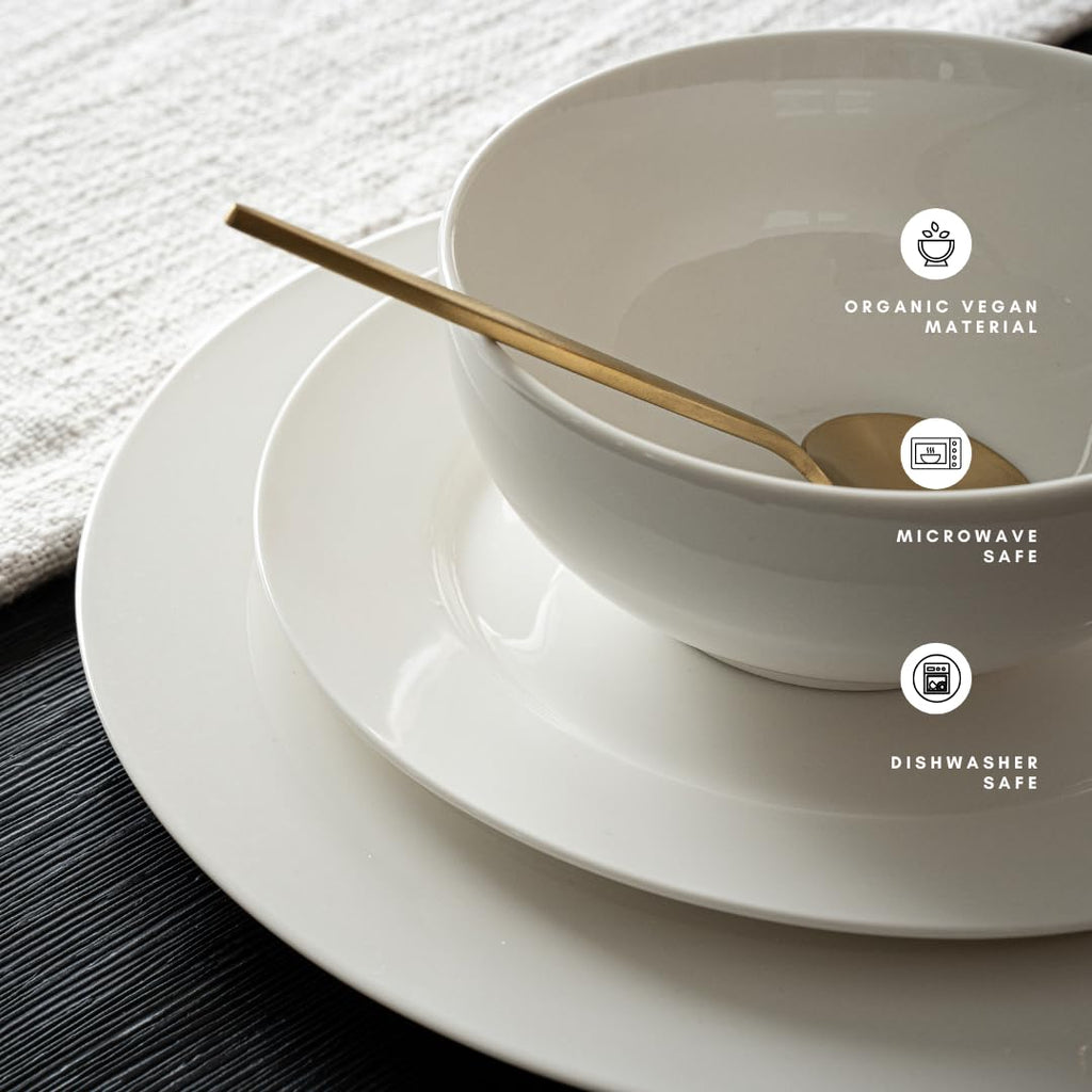 Bone China 12 Piece Dinnerware Set, Santorini Collection (Pure), White, Daily Use China, Tableware Service for 4