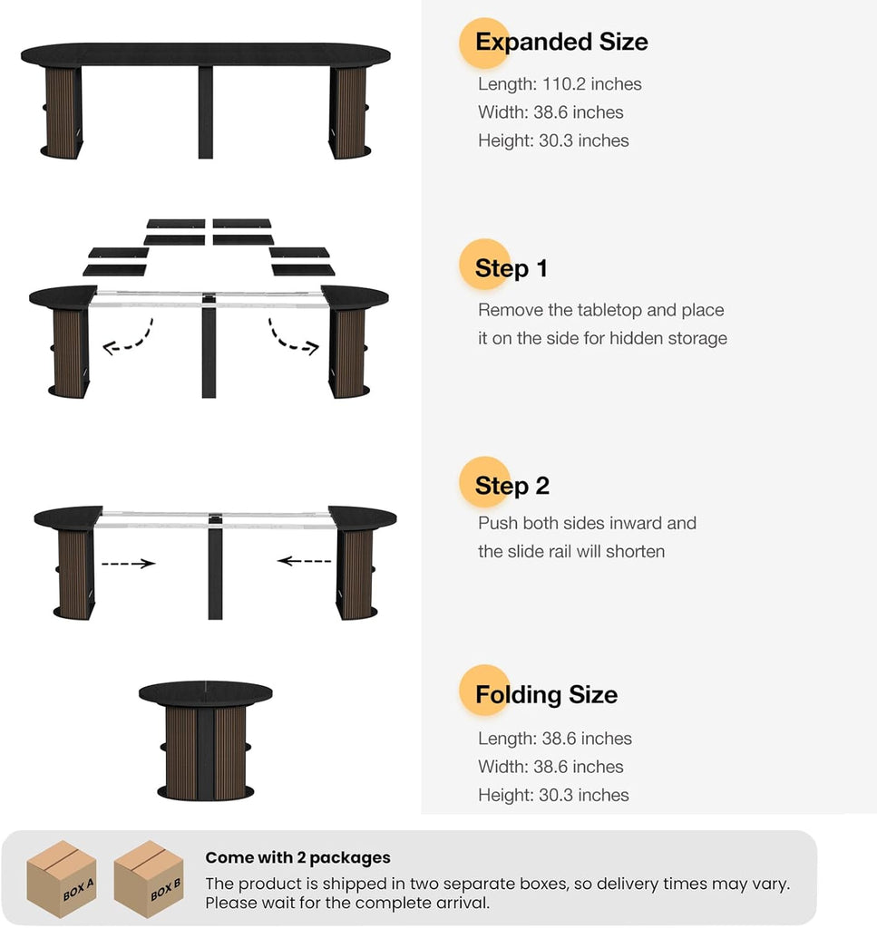 38.6" to 110.2" Modern Extendable Dining Table, Expandable Fluted Round Table for 2-12 People with Storage, Space