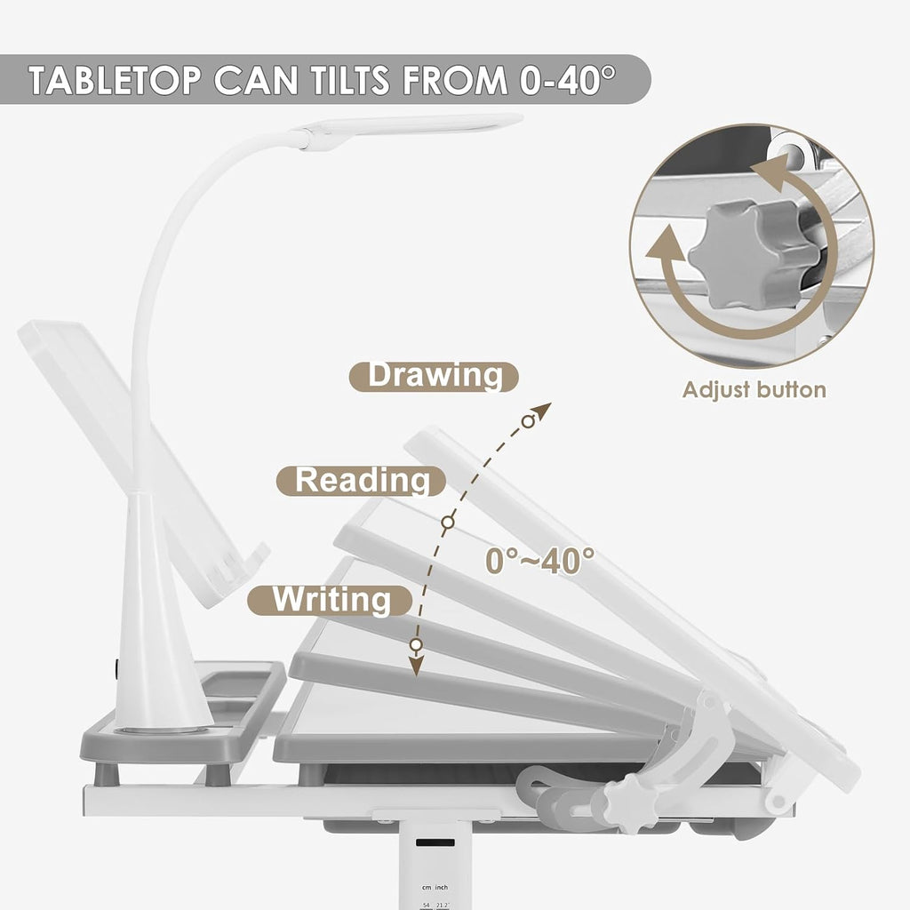Height Adjustable Kids Desk and Chair Set with LED Light,Drawer