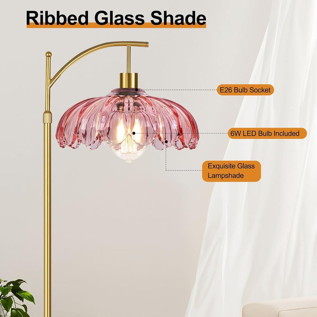 Gold Arc Floor Lamp Bedroom,Mid Century Modern Standing Lamp with Remote
