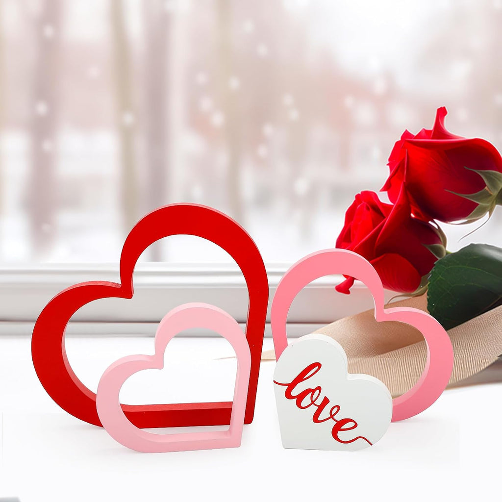 Wooden Hearts Valentine's Day Decorations Indoor, Wood Heart Blocks Tiered Tray Decor, Red Pink White - Set of 4