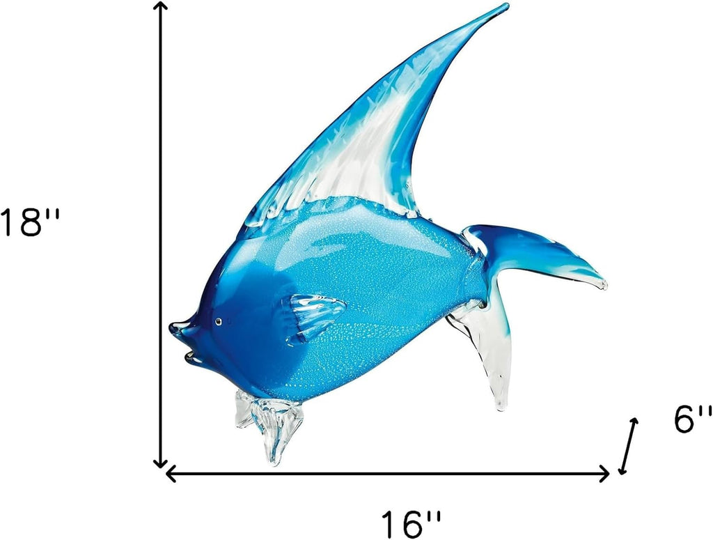 16" Mouth Blown Light Blue Tropical Fish Art Glass
