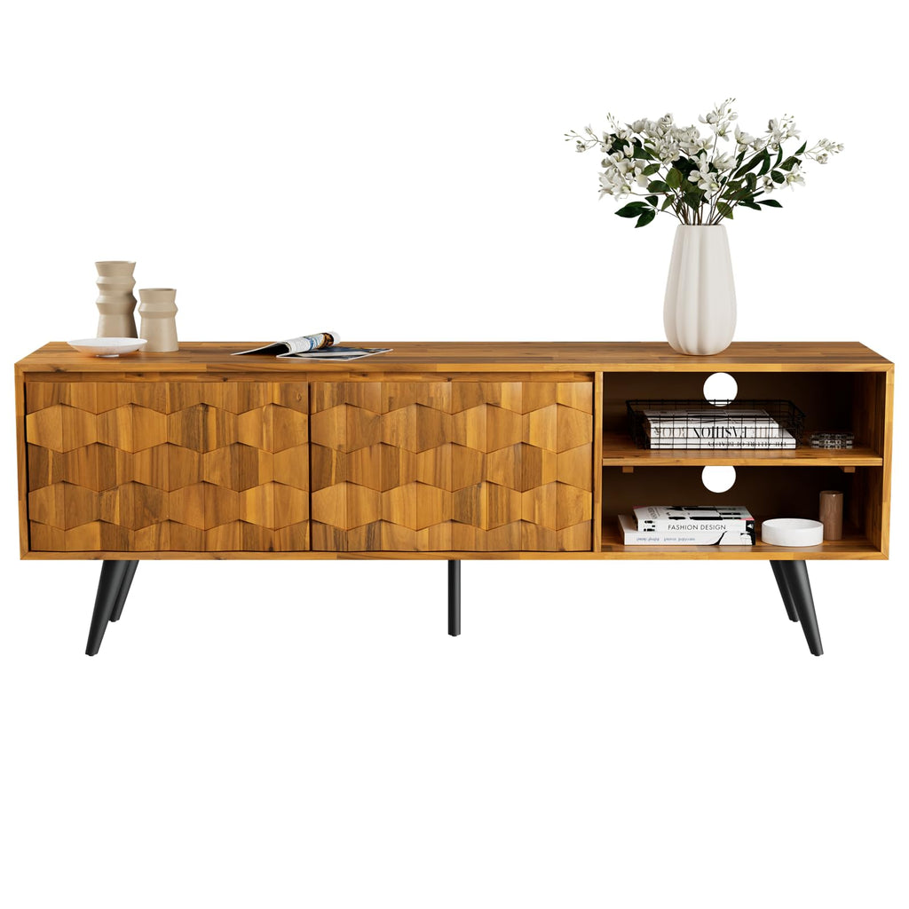 Georgina Solid Wood, 10 Minutes Assembly Entertainment Center with Storage Geometric Pattern Console for Living